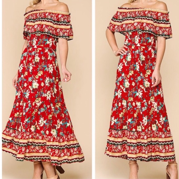 Red Tropical Floral Print Off the Shoulder Boho Midi Dress Tropical Print Dress - Picture 3 of 5